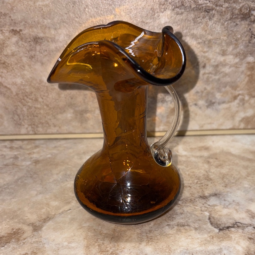 vintage amber crackle glass handled pitcher jug vase 5-1/8”